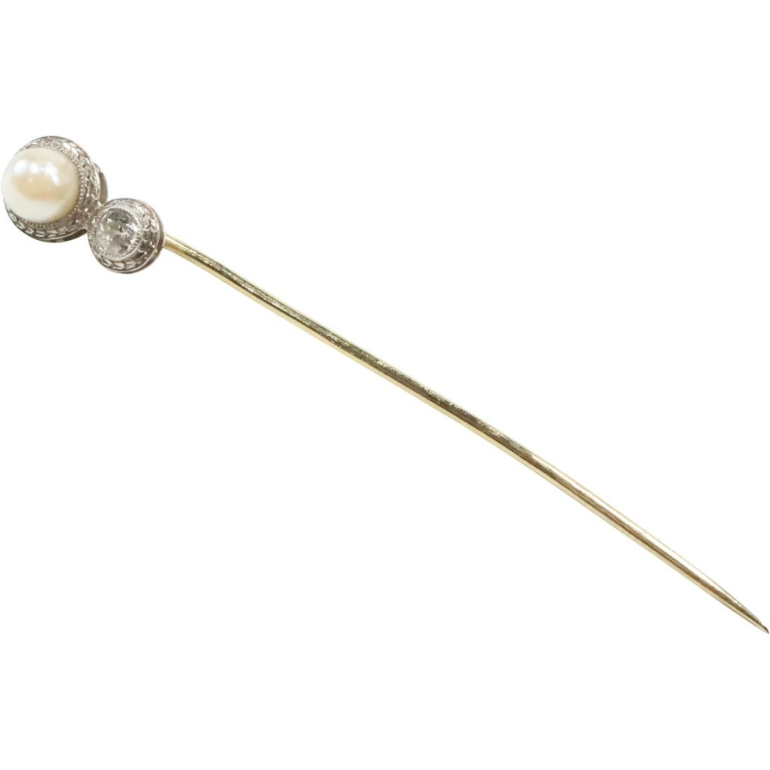14K GOLD Victorian Stick Pin with PEARL and DIAMOND, Weighs 1.1 dwt, 1 1/2 in. x 3/8 in. (1 of 13)