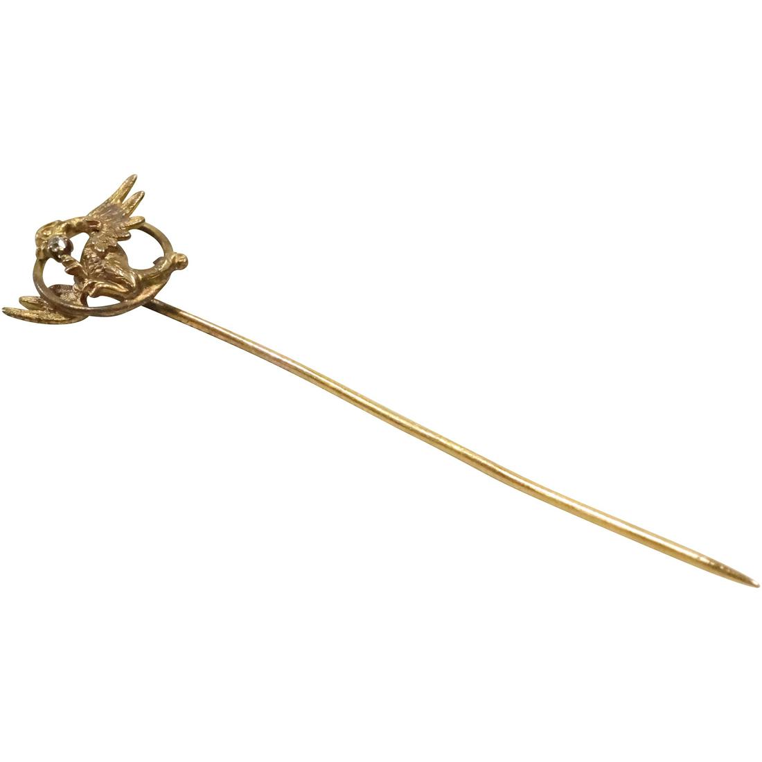 14K GOLD DRAGON Stick Pin with DIAMOND in Mouth, Weighs .9 dwt, 2 3/8 in. x 5/8 in. (1 of 18)