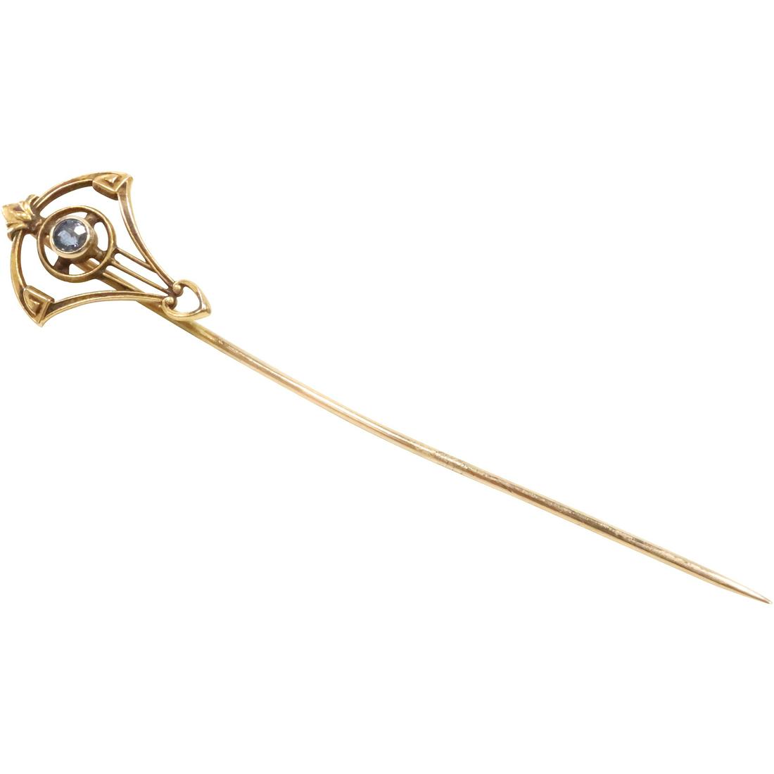 14K GOLD ART NOUVEAU Stick Pin with Blue Stone, Weighs .9 dwt , 2 1/2 in. x 5/8 in.: 14K GOLD ART NOUVEAU Stick Pin with Blue Stone, Weighs .9 dwt , 2 1/2 in. x 5/8 in. For more additional photos please 