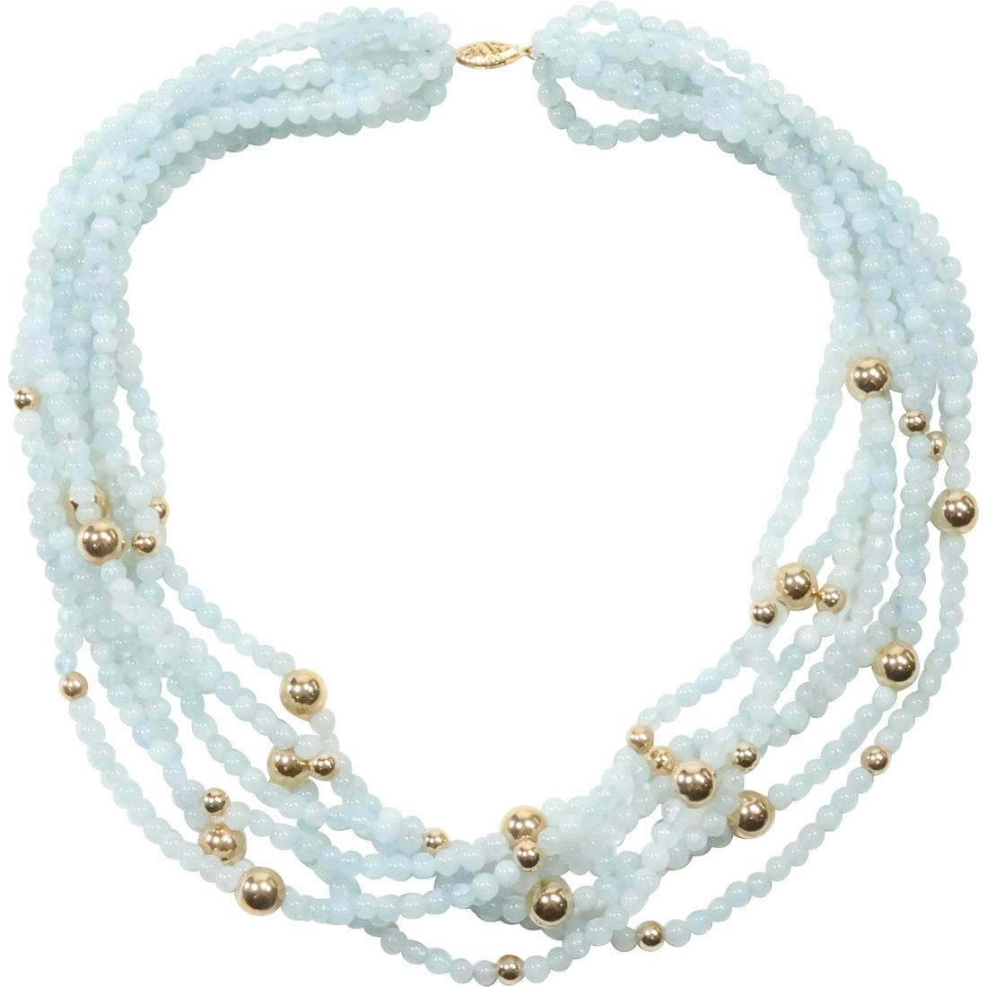14K GOLD Clasp with 14K GOLD Beads and Genuine Jade 7-Strand Designer Necklace 17 in. x 1 1/4 in. (1 of 19)