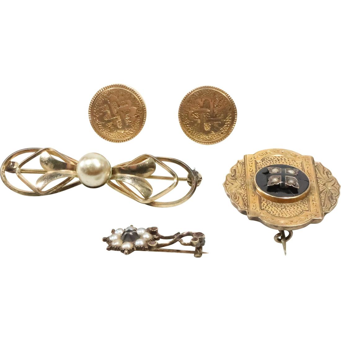 5 Pcs  Assorted Estate Jewelry: 12K GF Victorian Faux Pearl Pin, 14K GOLD Button Embossed Earrings, (1 of 20)