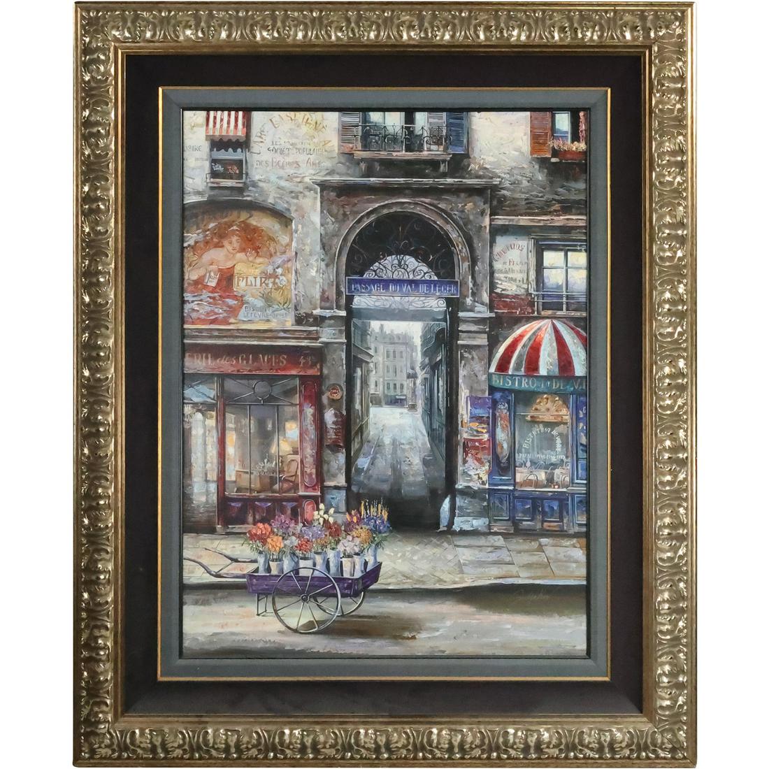 Vadik Suljakov, Spectacular Large Oil on Canvas Painting French Store Fronts, Flower Cart: Vadik Suljakov, Spectacular Large Oil on Canvas Painting French Store Fronts, Flower Cart. Signed and Framed. size: 36.25 x 27.25, 49.25 x 40.25 outside frame. ASKart: Vadik Suljakov (Born 1960) is kn