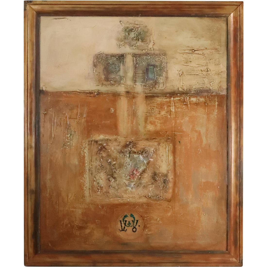 Ergic-Erli-Lillen, Large Modernism Oil Painting "The Old Monastery Wall" Signed on Verso: Large Modernism Oil Painting "The Old Monastery Wall" Signed on Verso. Oil on canvas painting. Original framing. Artist: Ergic-Erli-Lillen; Tikkanen Macedonia Skopke size: 39 in. x 31.5 in., 44 in. x 