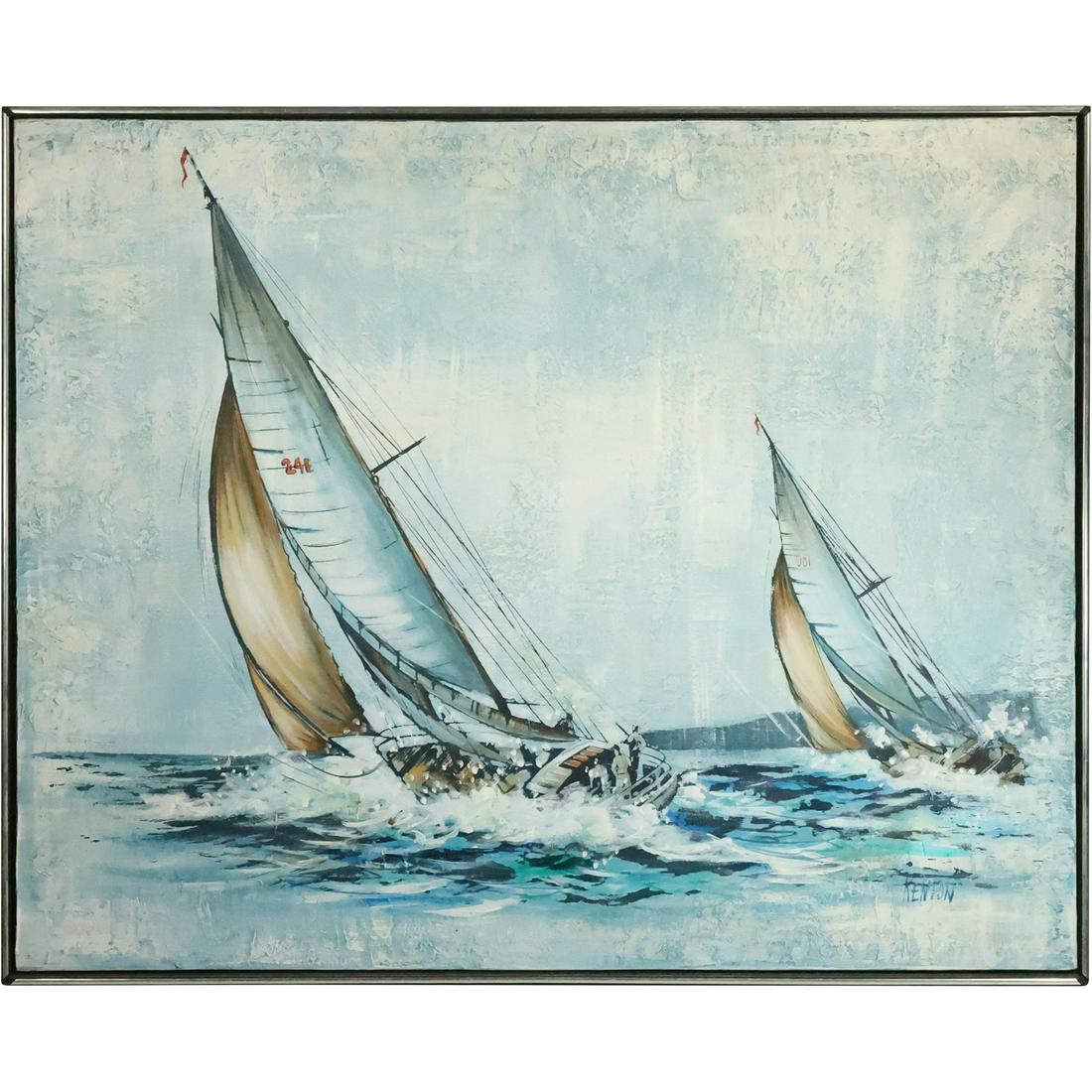 Signed Kenton, Vintage Oil Painting Sail Boats Racing, Framed: Signed Kenton, Vintage Oil Painting Sail Boats Racing, Framed. size: 40 in. x 50 in., 41 in. x 51 in. outside frame For more additional photos please 