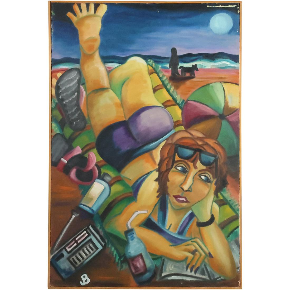 Signed JB, 20th C. Oil on Canvas Painting Beach Bather 30 inches x 20 inches (1 of 20)