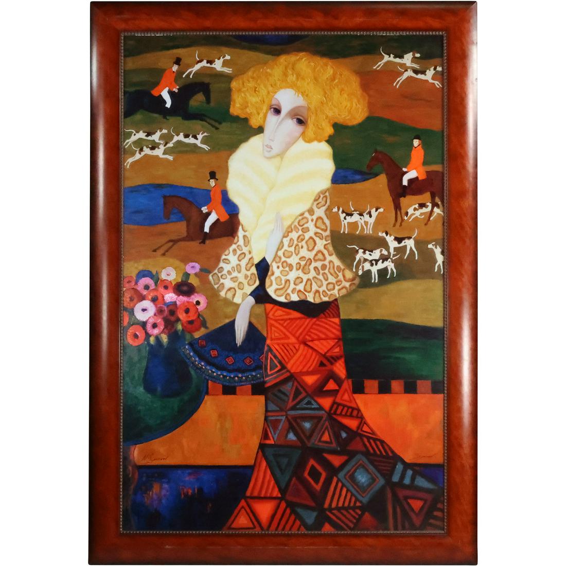 Nikolai Smirnov b. 1938 Russian, Oil on Canvas Painting Woman at English Hunting Landscape: Nikolai Smirnov b. 1938 Russian, Oil on Canvas Painting Woman at English Hunting Landscape. size: 50.75 x 33, 57 x 39.25 outside frame. ASKart: Nikolai Smirnov (Born 1938) is active/lives in Russian F