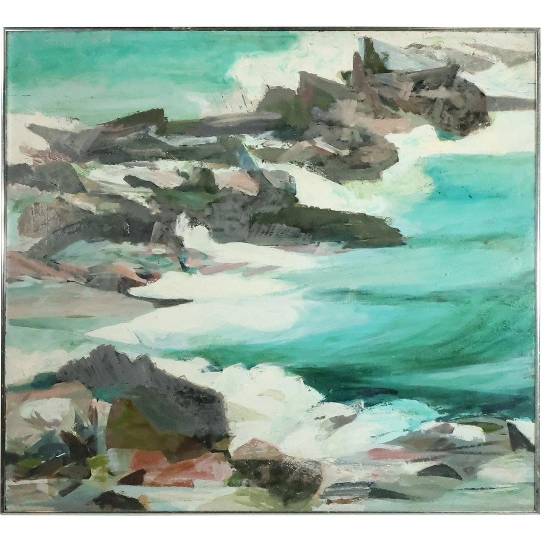 Robert Angeloch 1922-2011; 1960s PEMAQUID ROCKS, MAINE Large Oil Painting on Board (1 of 20)