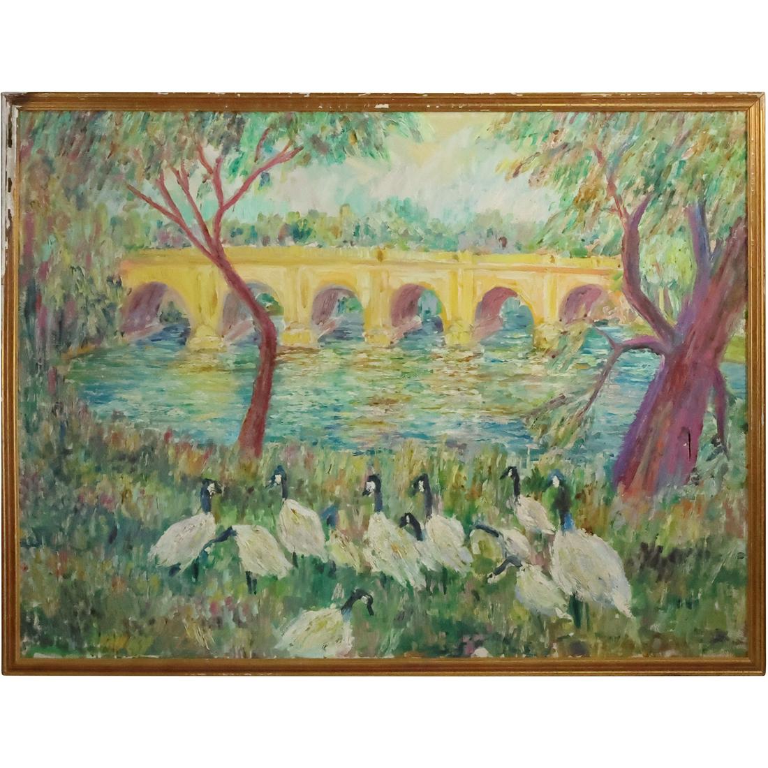 Vintage Impressionism Oil on Canvas Painting Ducks at River Edge Arched Bridge: Vintage Impressionism Oil on Canvas Painting Ducks at River Edge Arched Bridge. Has a tear, See Pictures. Framed. size: 36 x 48, 38.25 x 50.25 outside frame For more additional photos please 
