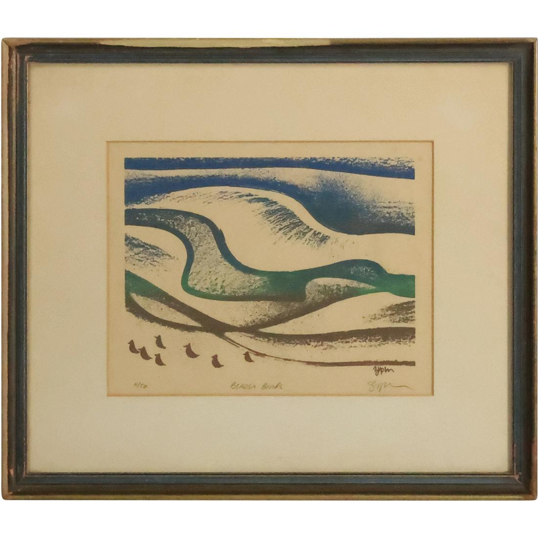 Vintage Wood Cut Lithograph Artist Signed "Beach Birds" #11/50, Original Framing (1 of 20)