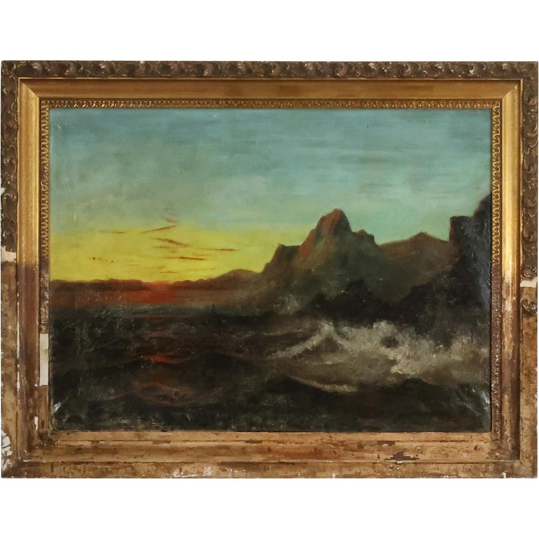 19th C. Seascape Oil on Canvas Painting Crashing Waves on Rock Formations, Framed (1 of 20)