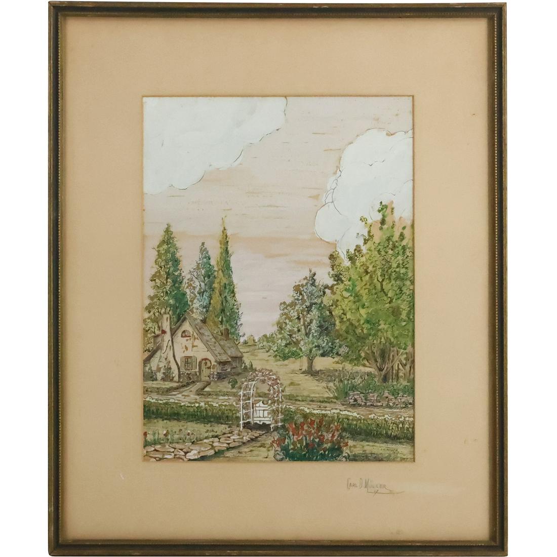 Carl D Muller 1927, Mixed Media Watercolor Painting Cottage in Landscape, Framed: Carl D Muller 1927, Mixed Media Watercolor Painting Cottage in Landscape, Framed. size: 11.75 in. x 8.75 in. matte, 17.75 in. x 14.75 in. outside frame For more additional photos please 