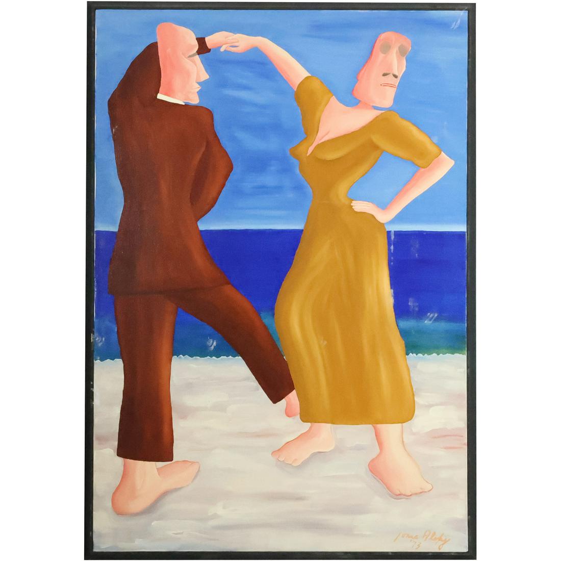 Jonas Alexy 1973, Modernist Dancers on the Beach Sand Oil on Canvas Painting, Signed: Jonas Alexy 1973, Modernist Dancers on the Beach Sand Oil on Canvas Painting, Signed. size: 38.25 x 26.25, 39.5 x 27.5 outside frame. Google: Jonas Alexy is an oil painter who ran the successful Galle