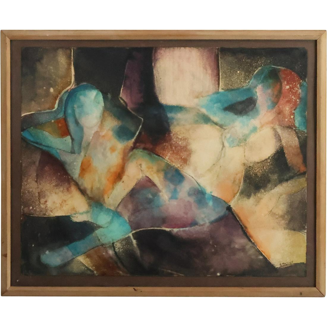 Signed B. Metcalf, Watercolor Painting Modernism Two Reclining Females, Framed (1 of 20)