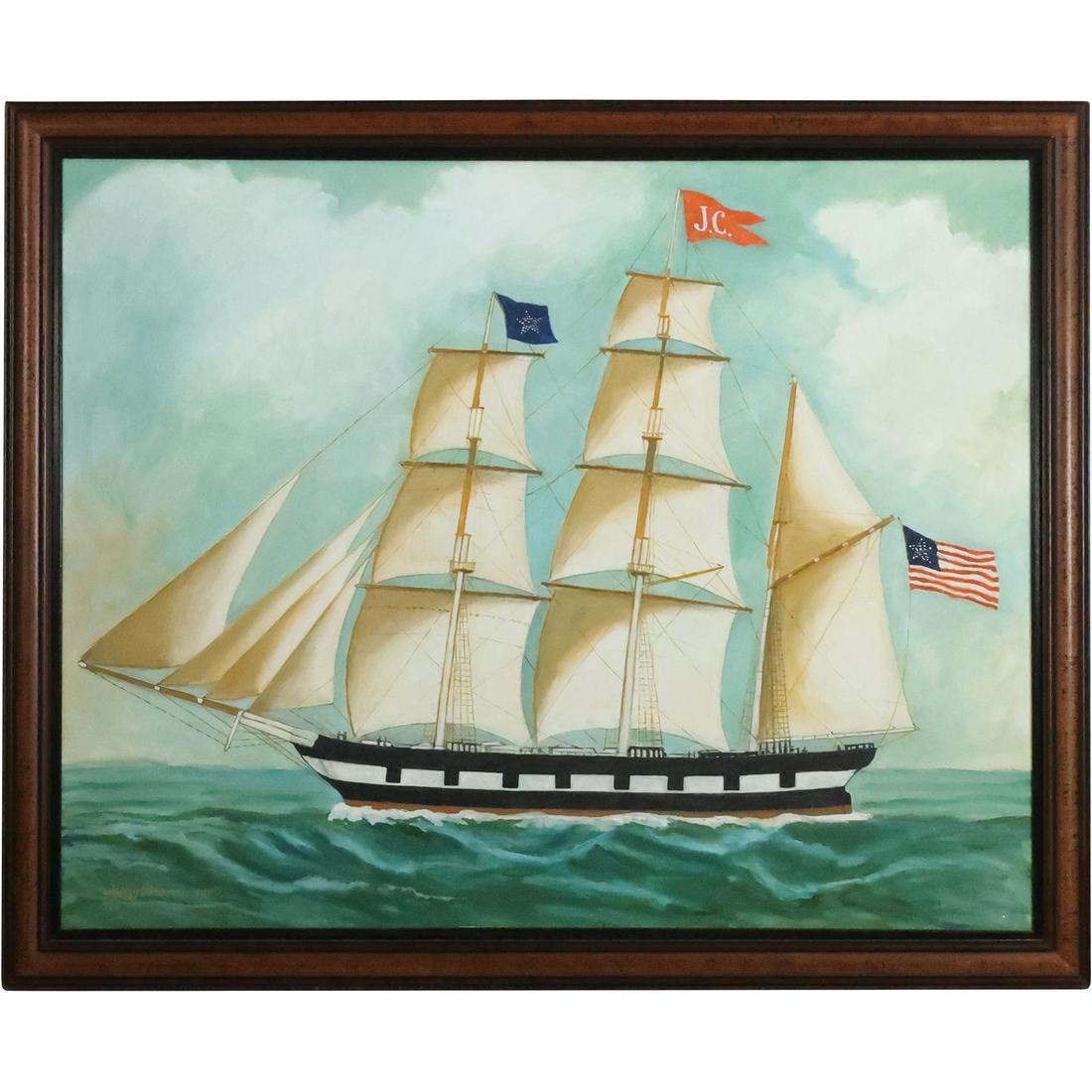 Mary Brann 1990, Oil on Canvas Painting of a 19th C. Full Sail American Ship "JC" (1 of 20)