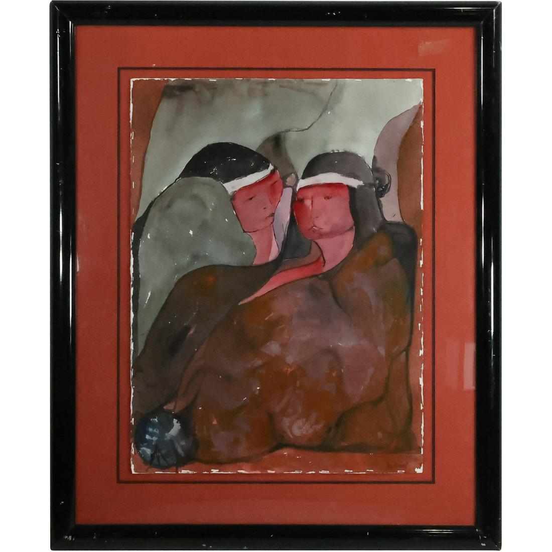 Carlos Perez Franco 1981, Uruguay, Watercolor Painting Native Figures, Framed: Carlos Perez Franco 1981, Uruguay, Watercolor Painting Native Figures, Framed. size: 30 in. x 22.25 in., 42 in. x 34.5 in.outside frame. ASKart: Carlos Perez Franco (Born 1929) is active/lives in Urug