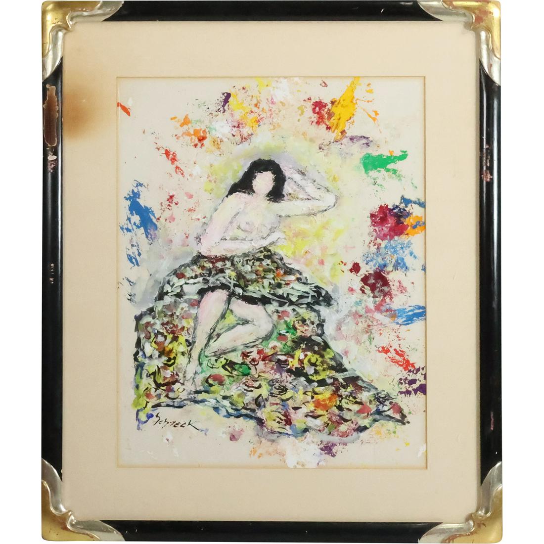 Michael Henry Schreck, 1901-1999, Acrylic Painting Abstract "Relaxing Woman", Signed, Framed (1 of 20)