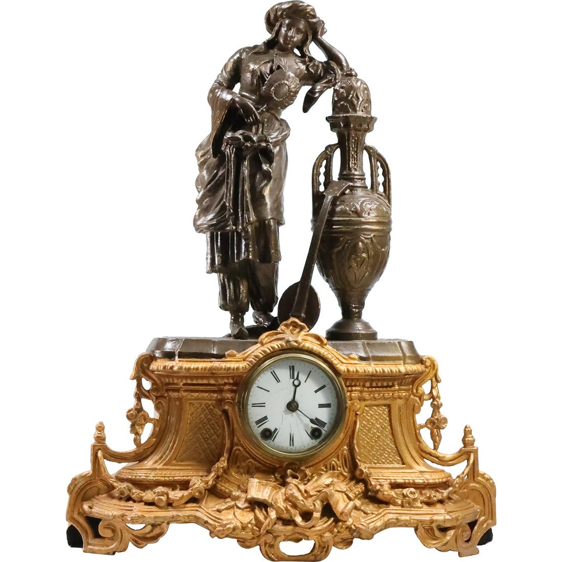 Fancy Antique Cast Metal French Figural Mantle Clock Moorish Woman Standing Next to Urn (1 of 20)