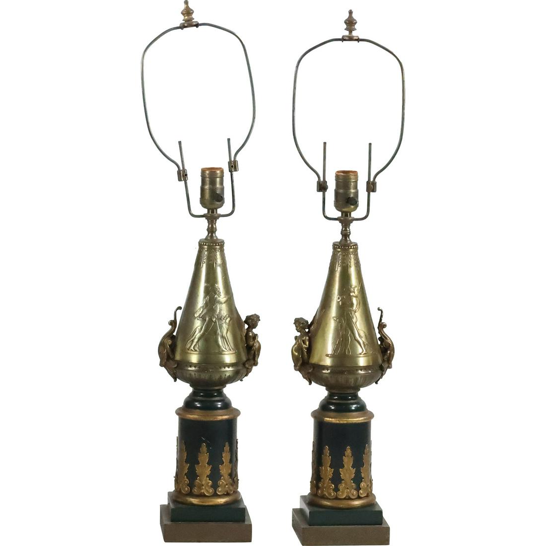 [2] 19th C. Brass Neo Classical Table Lamps with Soldiers, Whippet Dogs, Cherubs on Sides (1 of 20)