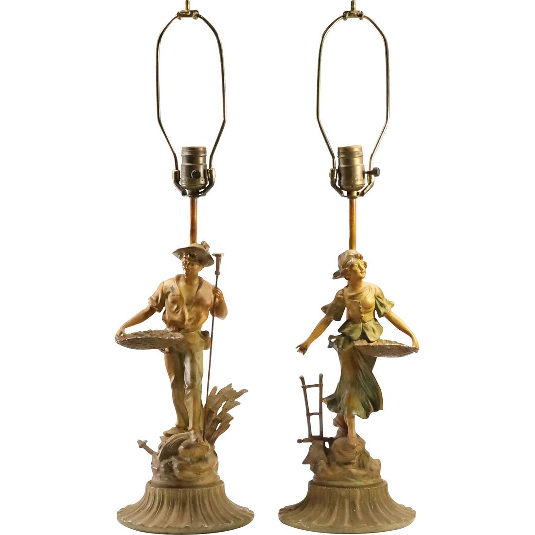 [2] Vintage Cast Metal Spelter Figurative Lamps Man and Woman Peasant Field Farmers 26.25 in. height: [2] Vintage Cast Metal Spelter Figurative Lamps Man and Woman Peasant Field Farmers 26.25 in. height. size: 26.25 in. x 7 in. x 7 in. For more additional photos please 