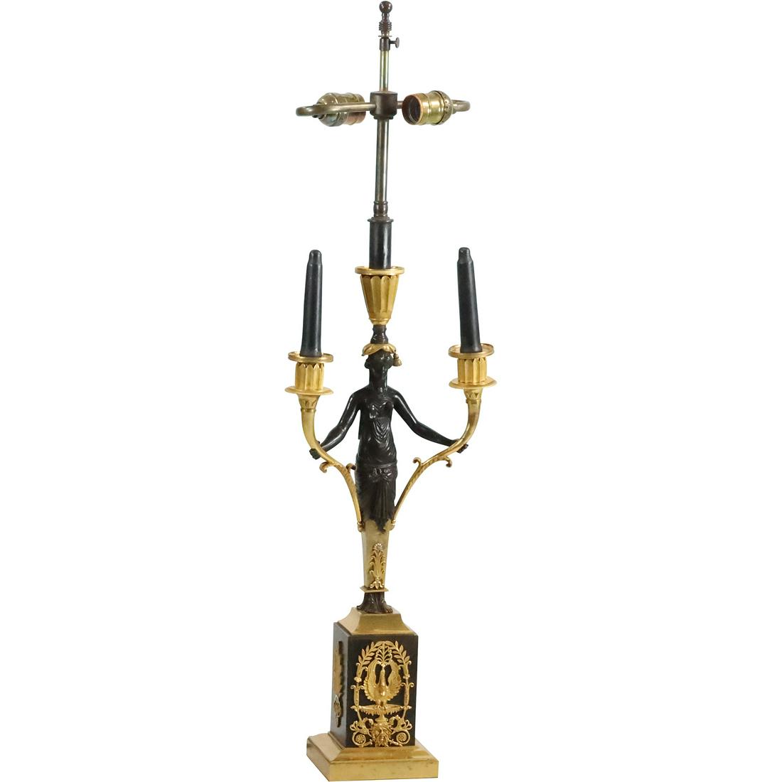 Quality 19th C. French Empire 2-Tone Bronze Figural Double Candlestick Lamp Electrified 31.25 in. h. (1 of 20)