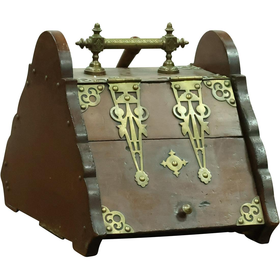 Antique Arts and Crafts Walnut Coal Scuttle with Brass Hinge Straps and Handle (1 of 20)