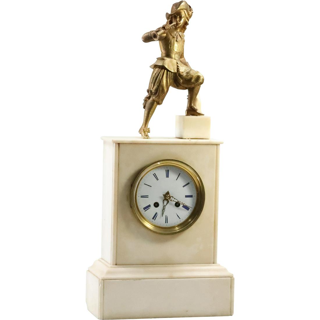 Antique 19th C. French Marble Figural Clock Man Wearing Hat Sounding Off Horn 21.75 in. height (1 of 20)