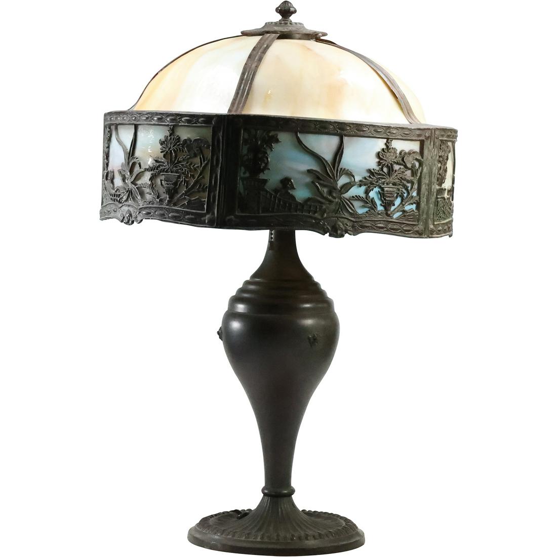 Antique Quality 2-Color Curved Slag Glass Table Lamp Caramel Panels, Blue Border 22.5 inches height (1 of 20)