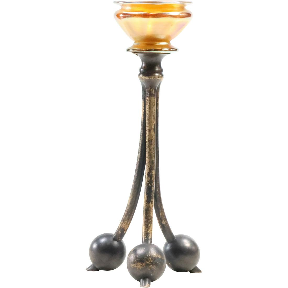 TIFFANY STUDIOS NEW YORK #1202 Bronze Tripod Legs Candlestick Favrile Art Glass Top (1 of 20)