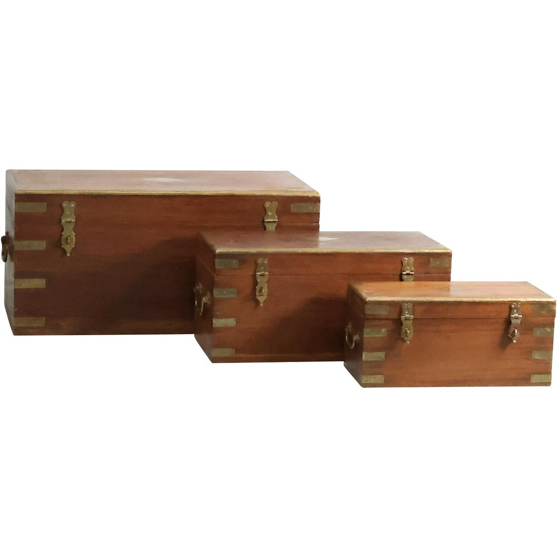 Nest of 3 Teak Camphor Wood Graduated Sizes Boxes All Brass Bound 24 in., 18 in. and 14 in. (1 of 20)