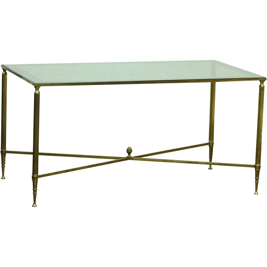 Mid-Century Modern Brass "X" Stretcher Base Coffee Table with Glass Top 16.75 in. x 33.75 in. (1 of 20)