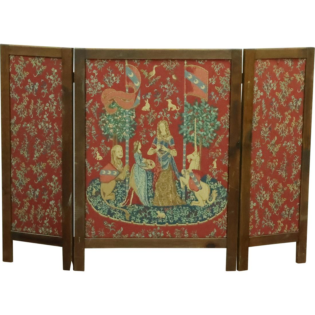 3-Part Fireplace Folding Screen French Tapestry "Lady and the Unicorn" Medieval Renaissance (1 of 20)