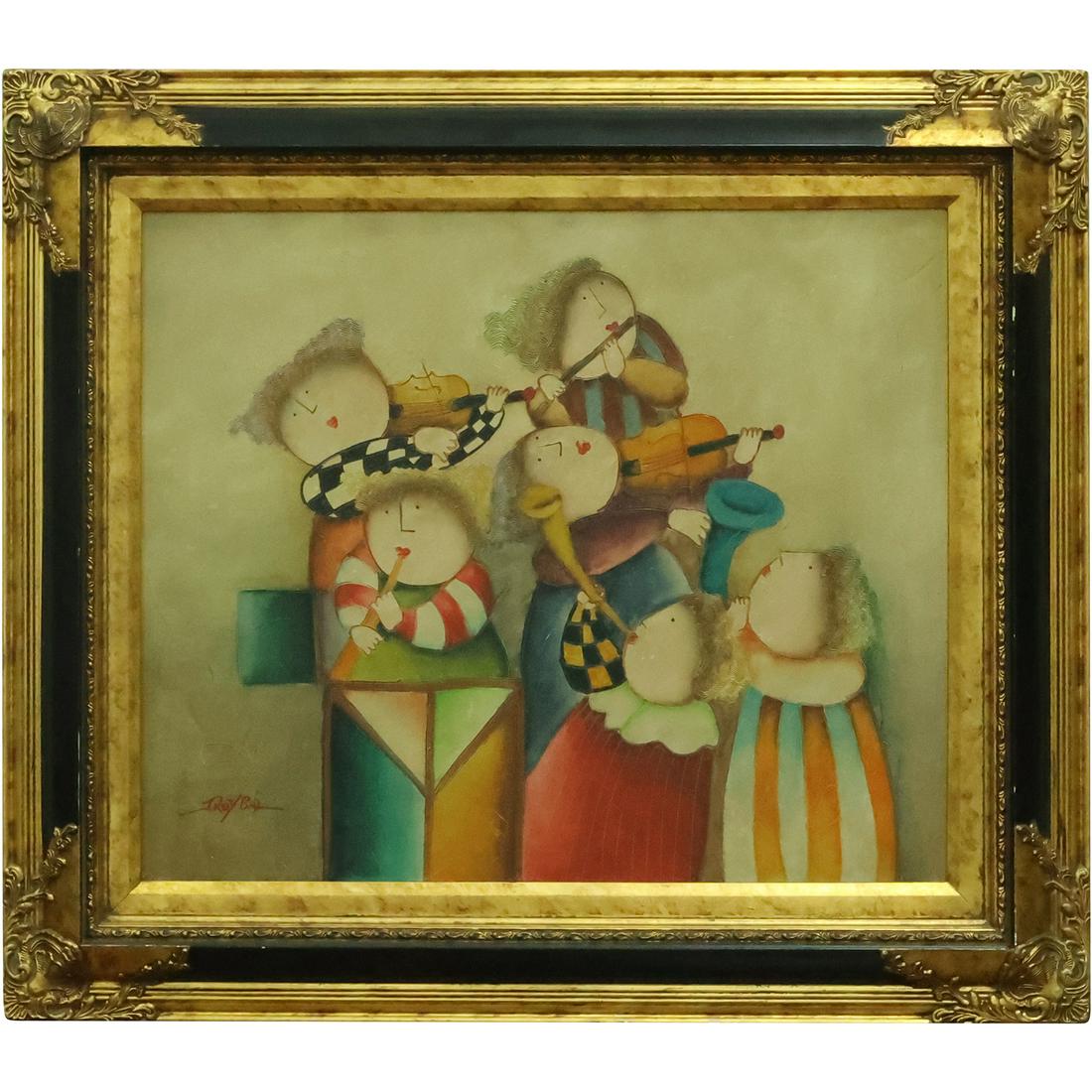Joyce Roybal, b. 1955, Whimsical Children Musicians Band Oil on Canvas, Signed, Framed (1 of 20)