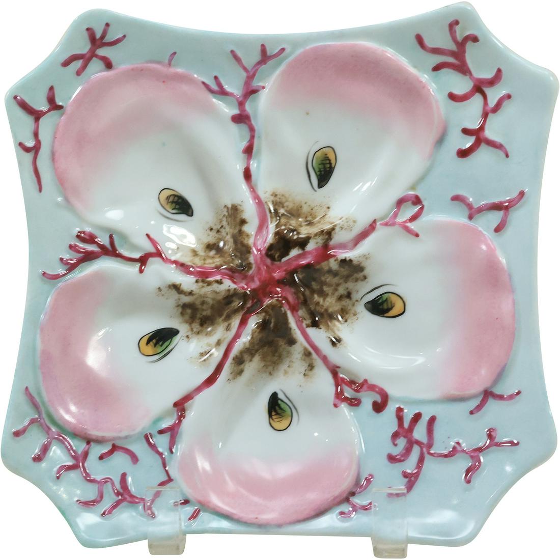 Antique Square Continental Oyster Plate, Striking Coral Decoration 8.5 in. diameter (1 of 19)