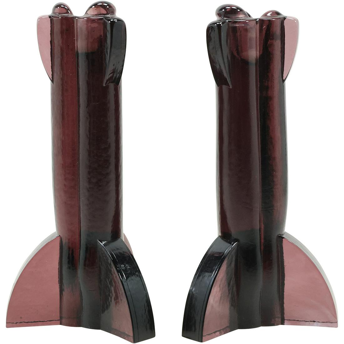 [2] Purple Amethyst Glass ROCKET Shaped Candlesticks 8.25 in. height, Mid-Century Space Age (1 of 20)