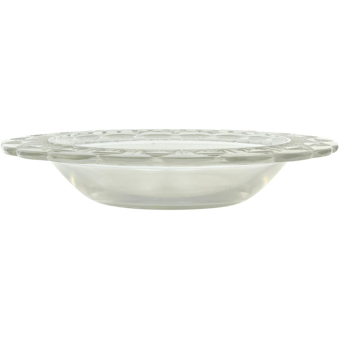Lalique France Chevreuse Center Bowl with Decorated Rim, Signed, 10.5 inches diameter: Lalique France Chevreuse Center Bowl with Decorated Rim, Signed, 10.5 inches diameter. Lalique France, molded and frosted in clear glass with a stylized motif on the rim, acid etched signature "Laliqu