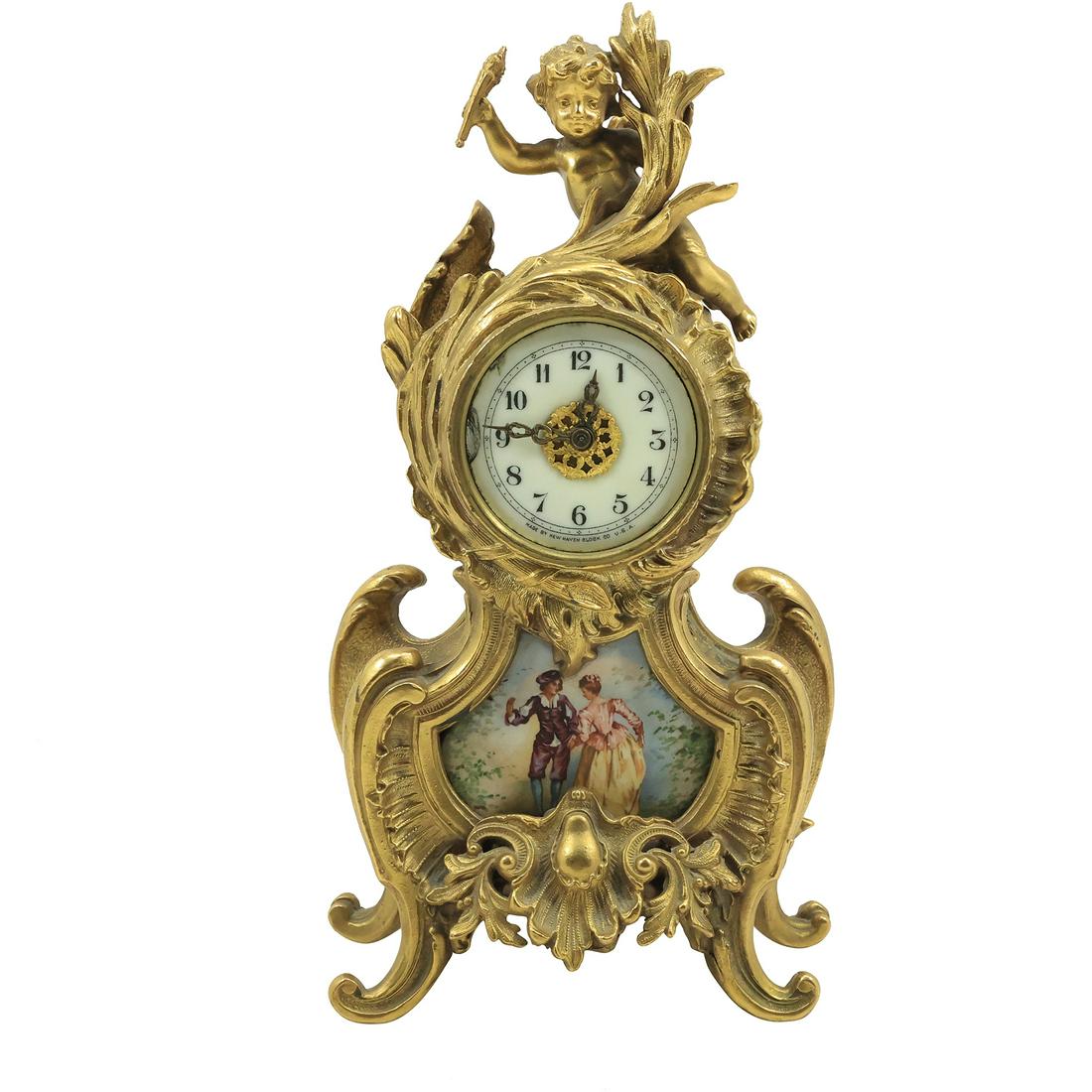 New Haven Clock Co. Gold Gilt Cast Metal French Case Mantle Clock with Genre Scene 13.75 in. height (1 of 20)