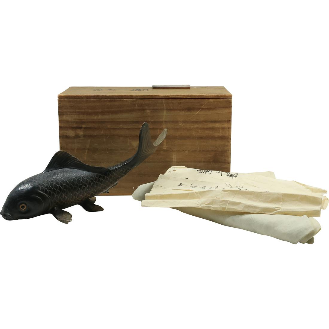 Antique Chinese Porcelain KOI FISH Figure Statue Original Wood Box, Chinese Letter 14 in length fish (1 of 20)