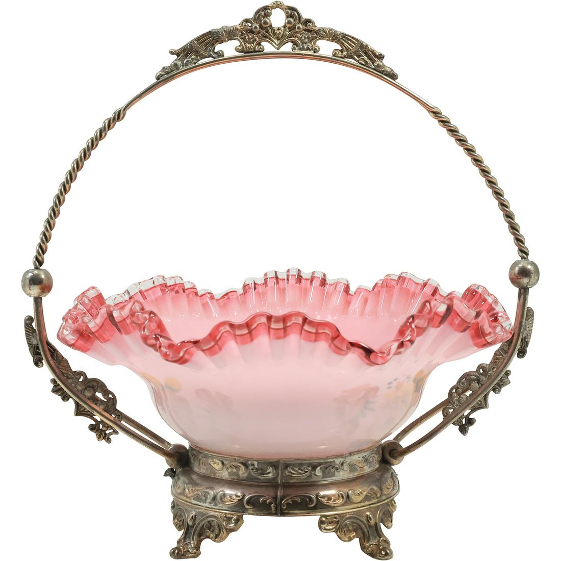 Victorian Wedding Bridal Basket  With White and Pink Cased Glass Ruffled Bowl 11.75 in. diameter (1 of 20)
