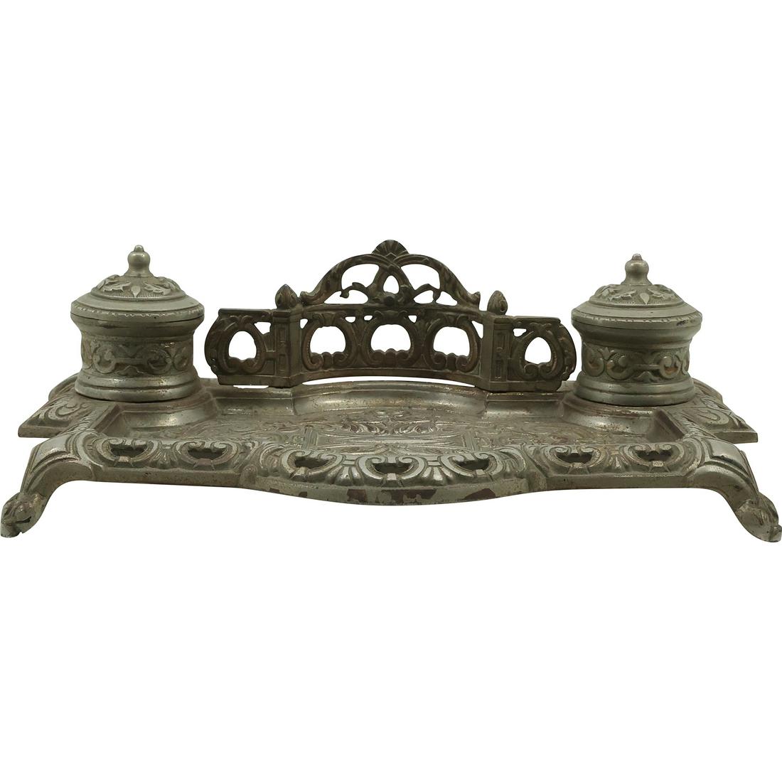 19th C. Nickle Plated Cast Iron Desktop Double Inkwell Victorian 11.5 inches length (1 of 20)