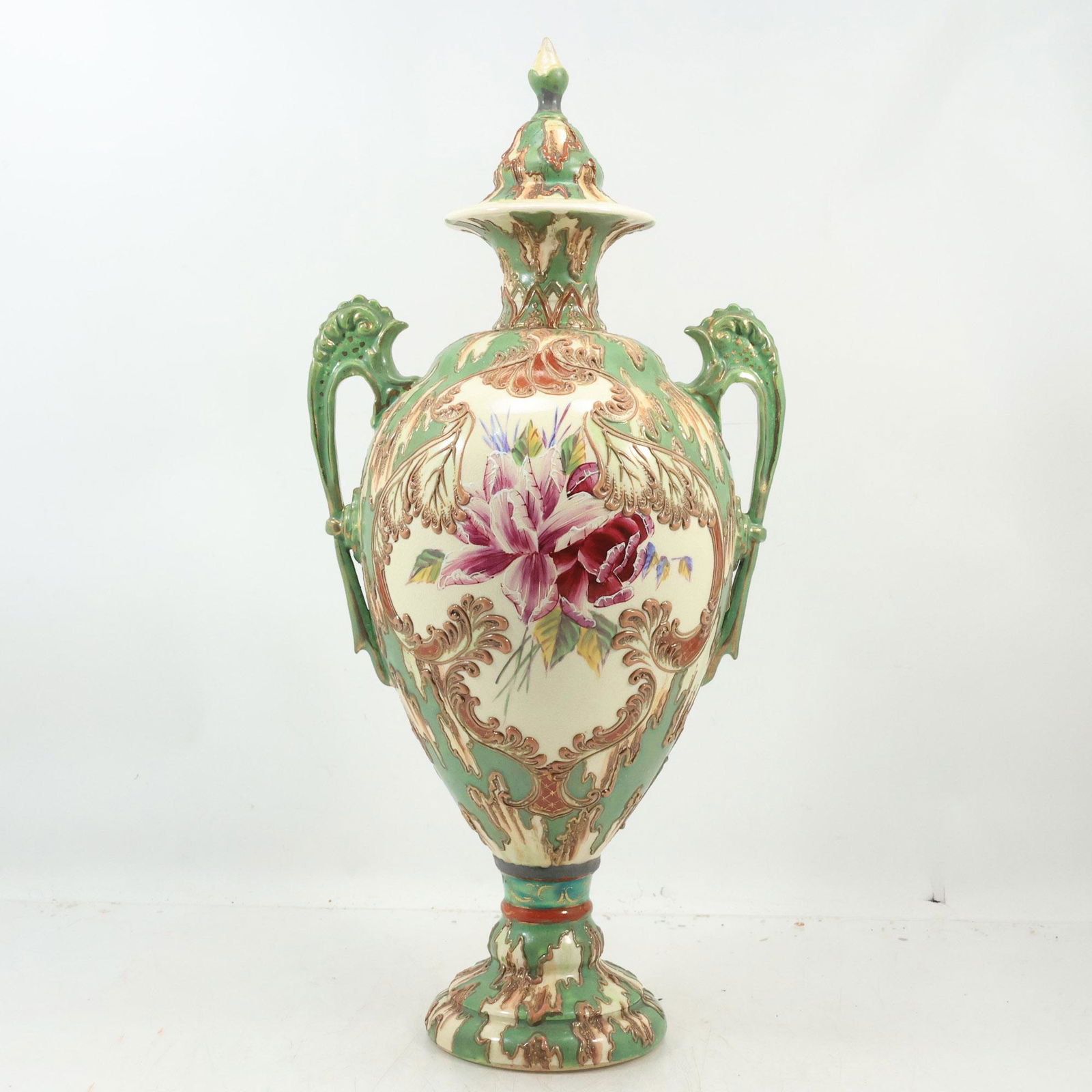 Antique Japanese Satsuma Ceramic Pottery Green Urn with Cover 21 inches height x 10 inches (1 of 19)