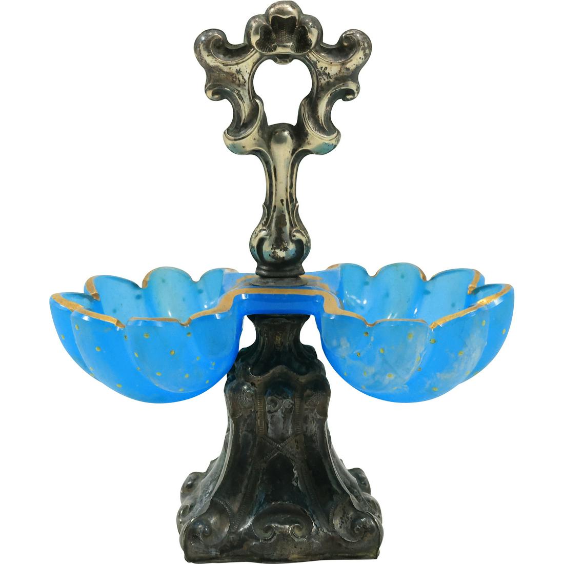 Austrian Blue Glass Shell Sweet Meat Server Silver Plate Base and Handle 6.25 in. height (1 of 20)