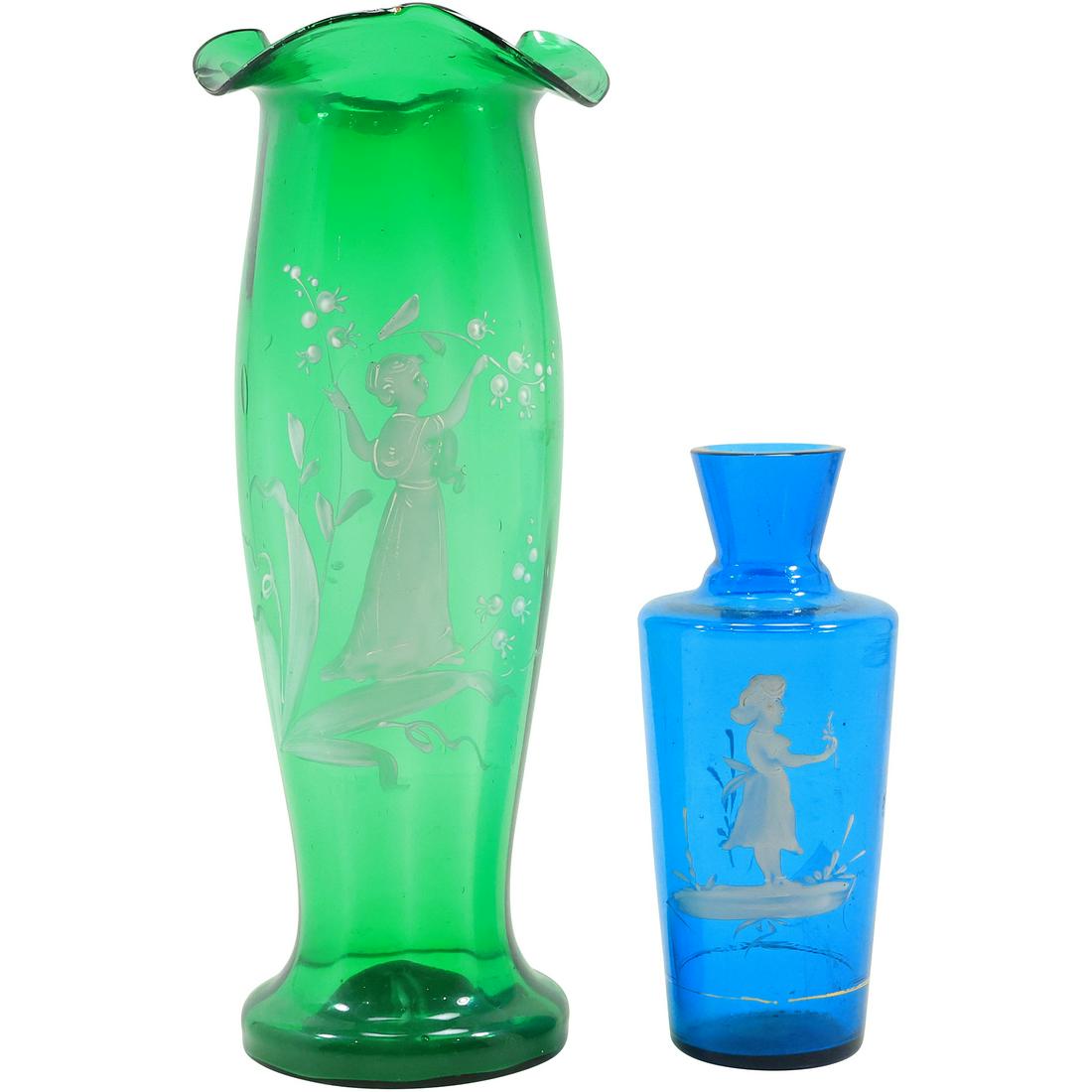 [2] Antique Mary Gregory Green and Blue Glass Vases 11 in. height and 6.5 in. height (1 of 20)