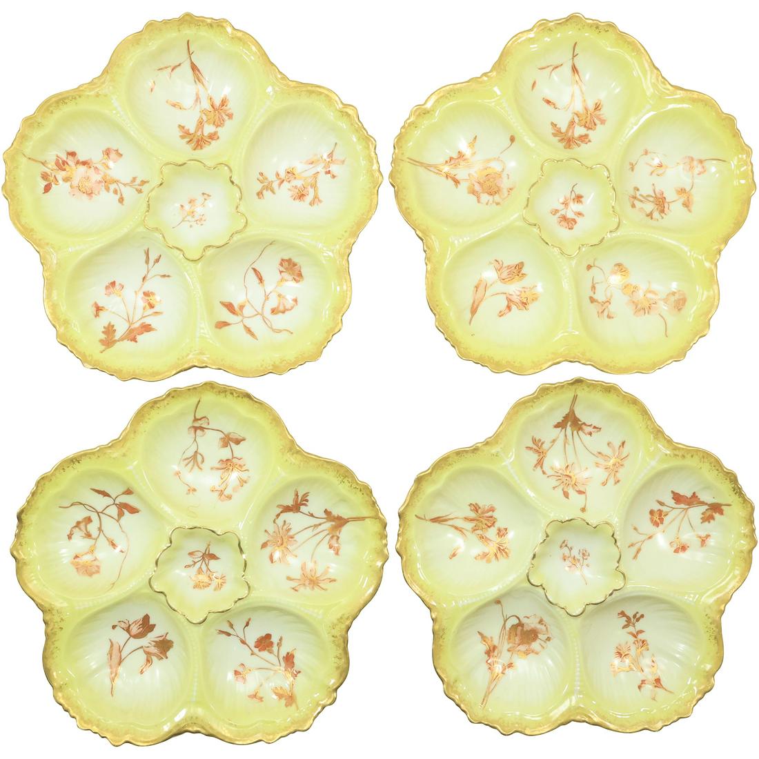 [4] LS&S LIMOGES FRANCE 19th C. Fine Porcelain Yellow OYSTER PLATES 9 in. diameter (1 of 20)