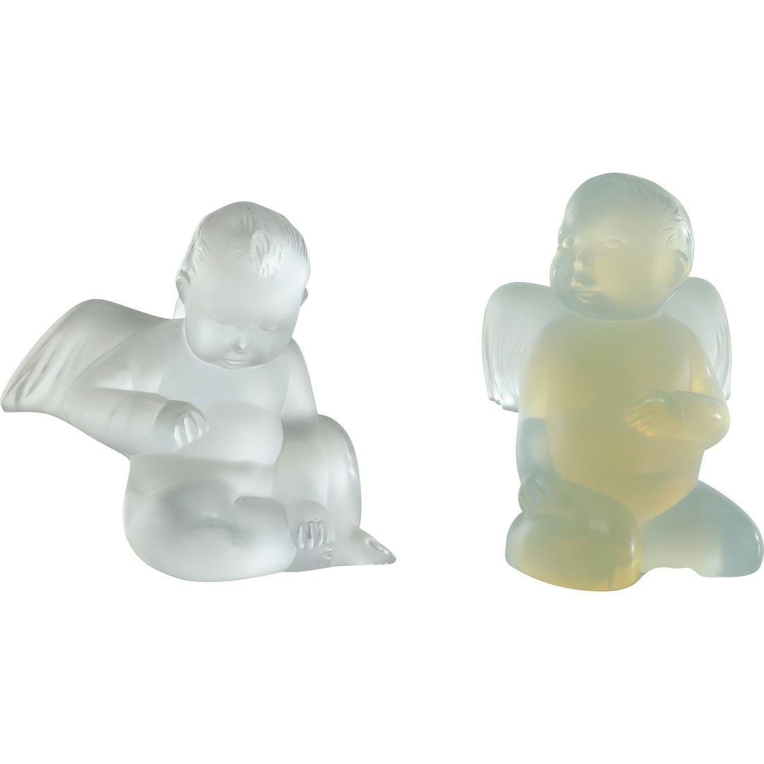 [2] Signed LALIQUE FRANCE Angel Figure Statures Frosted Crystal & Opalescent Glass: [2] Signed LALIQUE FRANCE Angel Figure Statures Frosted Crystal & Opalescent Glass with boxes size: 3.25 in. x 2 in., 3 in. x 2.5 in., 3.25x5.25 (boxes) For more additional photos please 