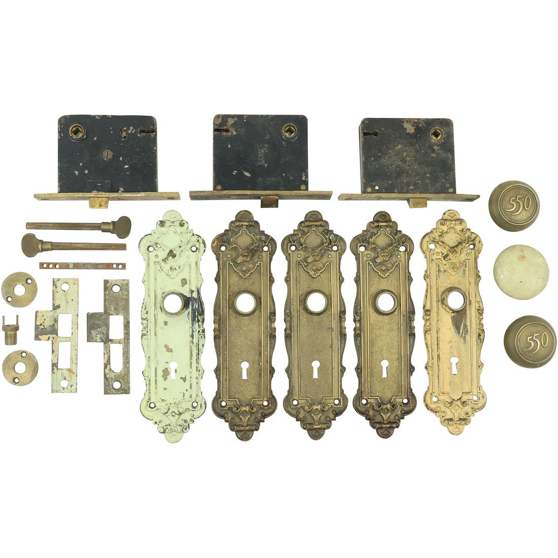 Russell & Erwin, New Britian Ct Pat. 1898 Door Hardware: 5 Bronze Elk Head Door Plates, 3 Locks (1 of 20)