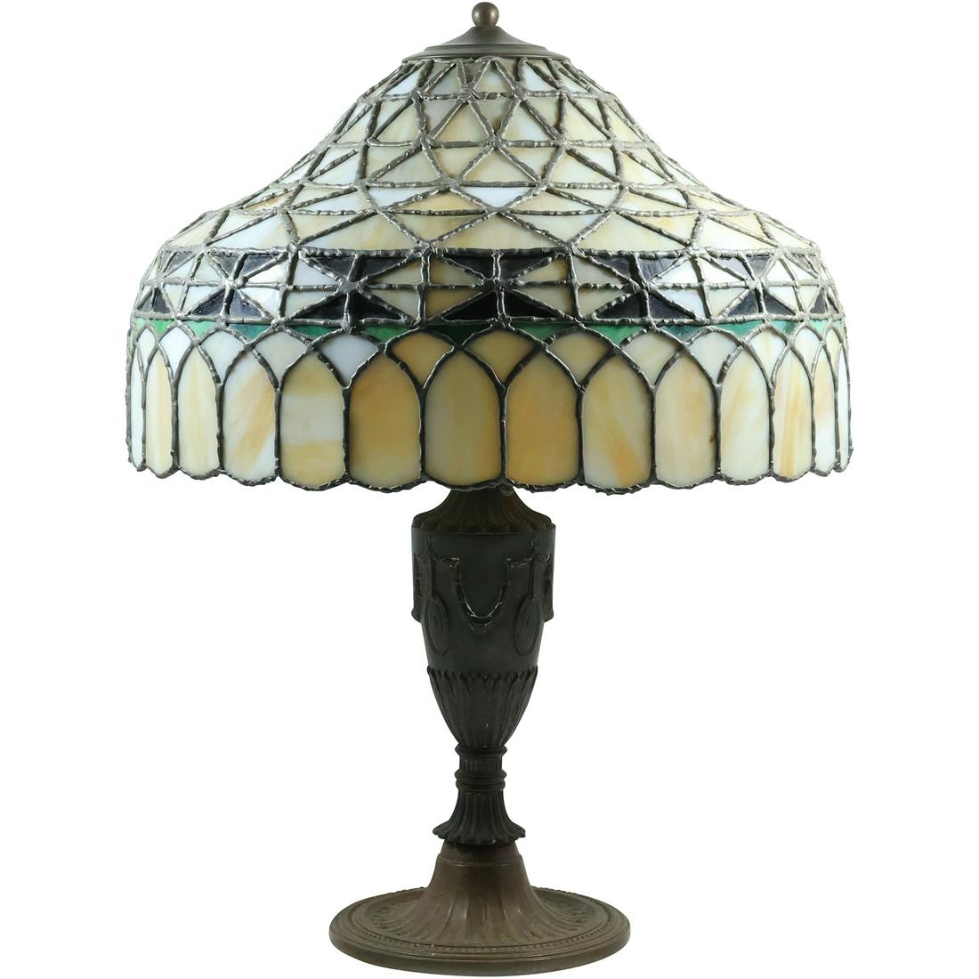 Signed Bradley and Hubbard Leaded Stain Glass Table Lamp 24 in. height, 18 in. dia. shade (1 of 19)