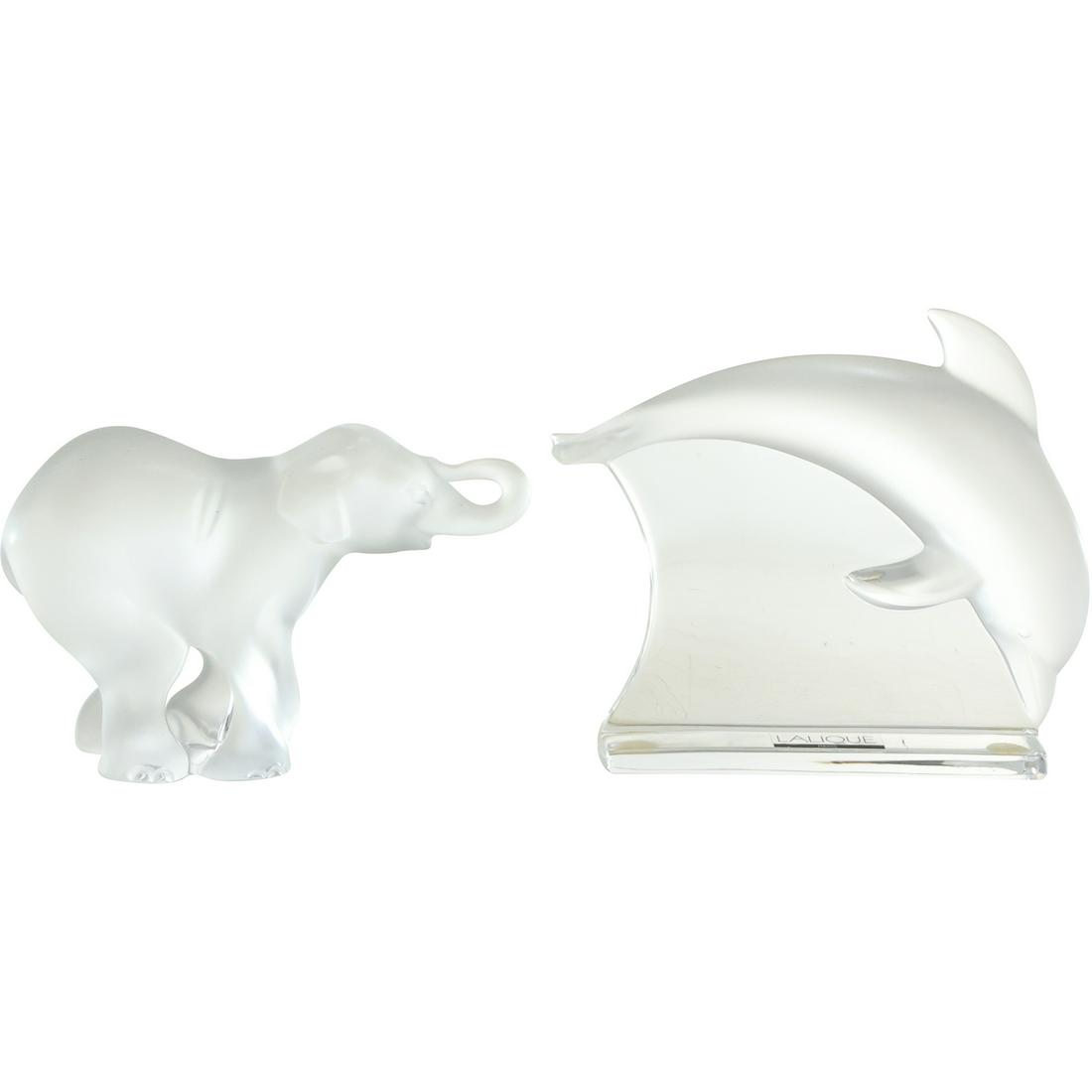 [2] Signed Lalique Frosted Crystal Glass Dolphin and Elephant Figure Statues with box (1 of 20)
