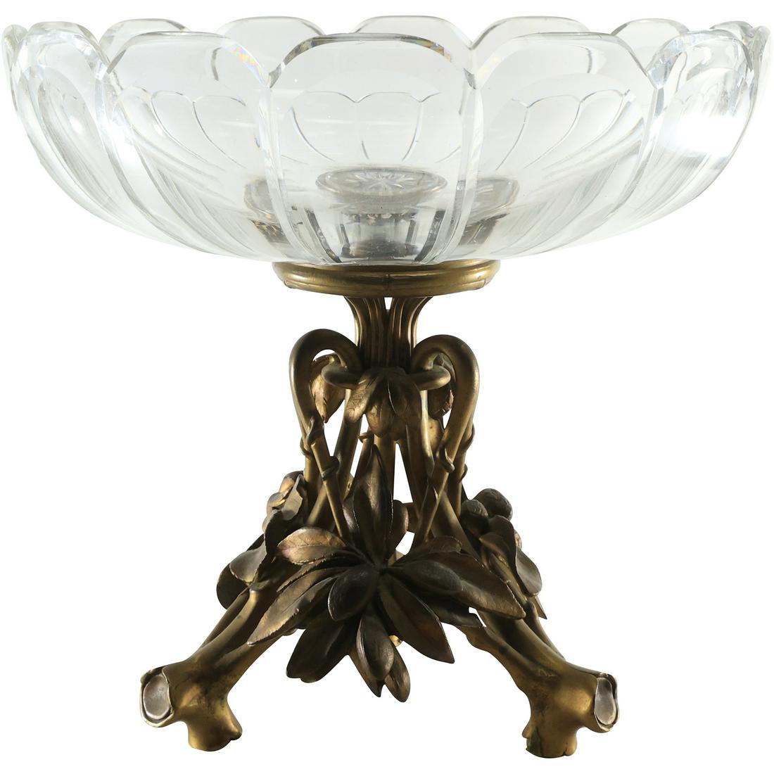 19th C. Signed CHRISTOFLE Bronze Vine Base Compote Holding Baccarat Crystal Glass Bowl 10 in. (1 of 20)