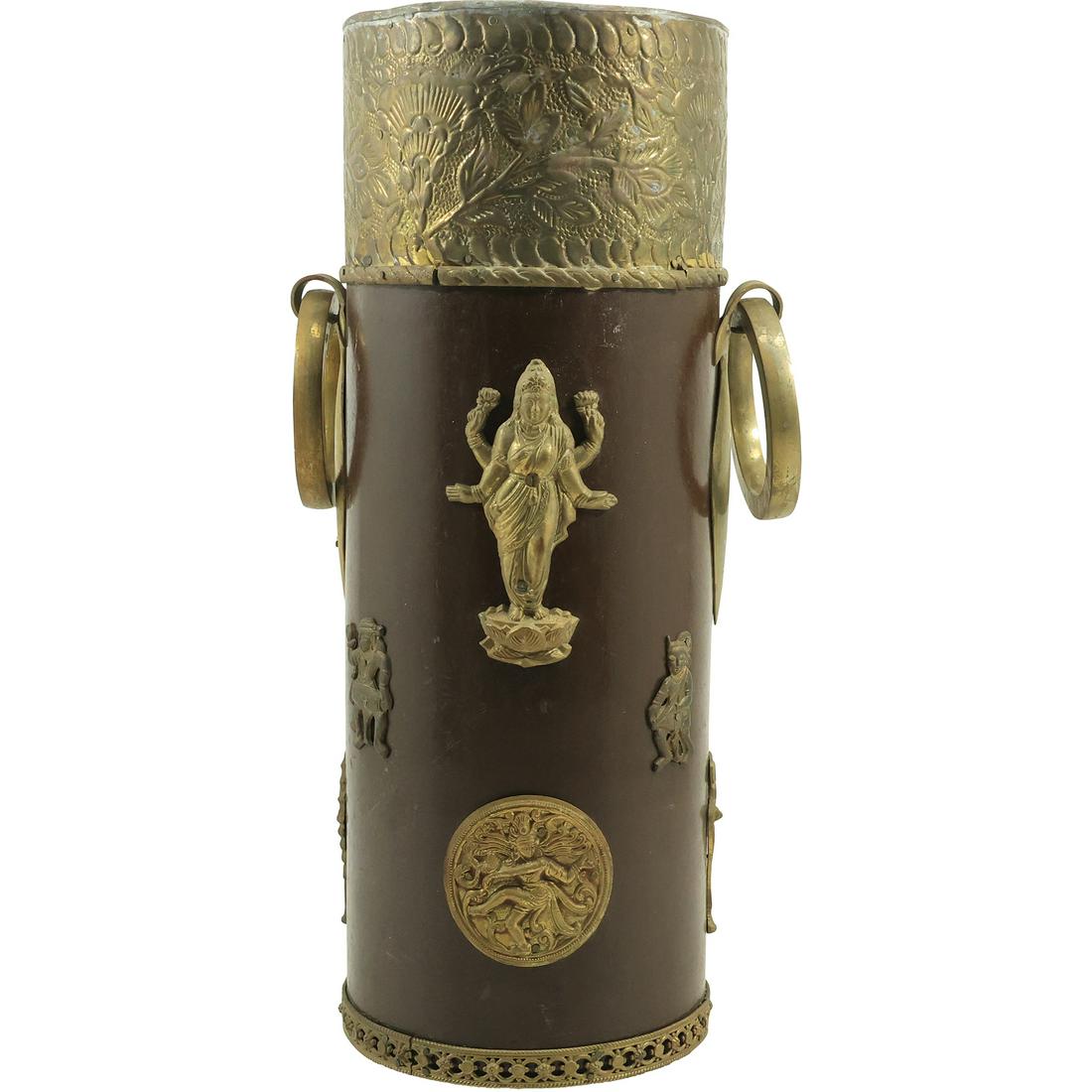 Antique Brass and Wood Tibetan Buddhist Brush Pot 17.75 inches height x 8 inches diameter: Antique Brass and Wood Tibetan Buddhist Brush Pot 17.75 inches height x 8 inches diameter. size: 17.75x8 For more additional photos please 