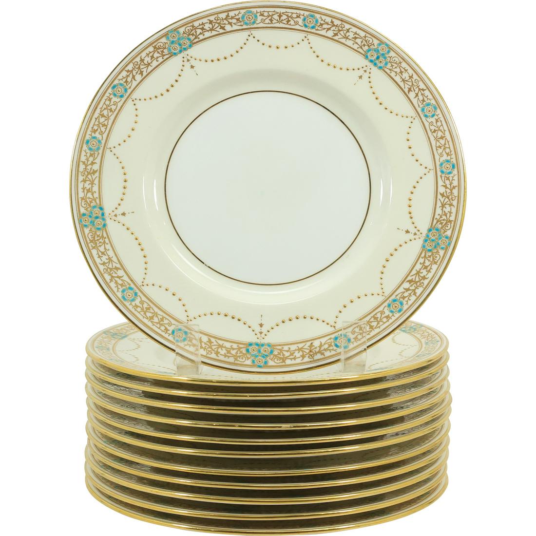 12 Antique 1873-1912 MINTONS for TIFFANY & Co New York Raised Gold Enamel Plates: 12 Antique 1873-1912 MINTONS for TIFFANY & Co New York Raised Gold Enamel Plates size: 1 in. x 9 in. For more additional photos please 